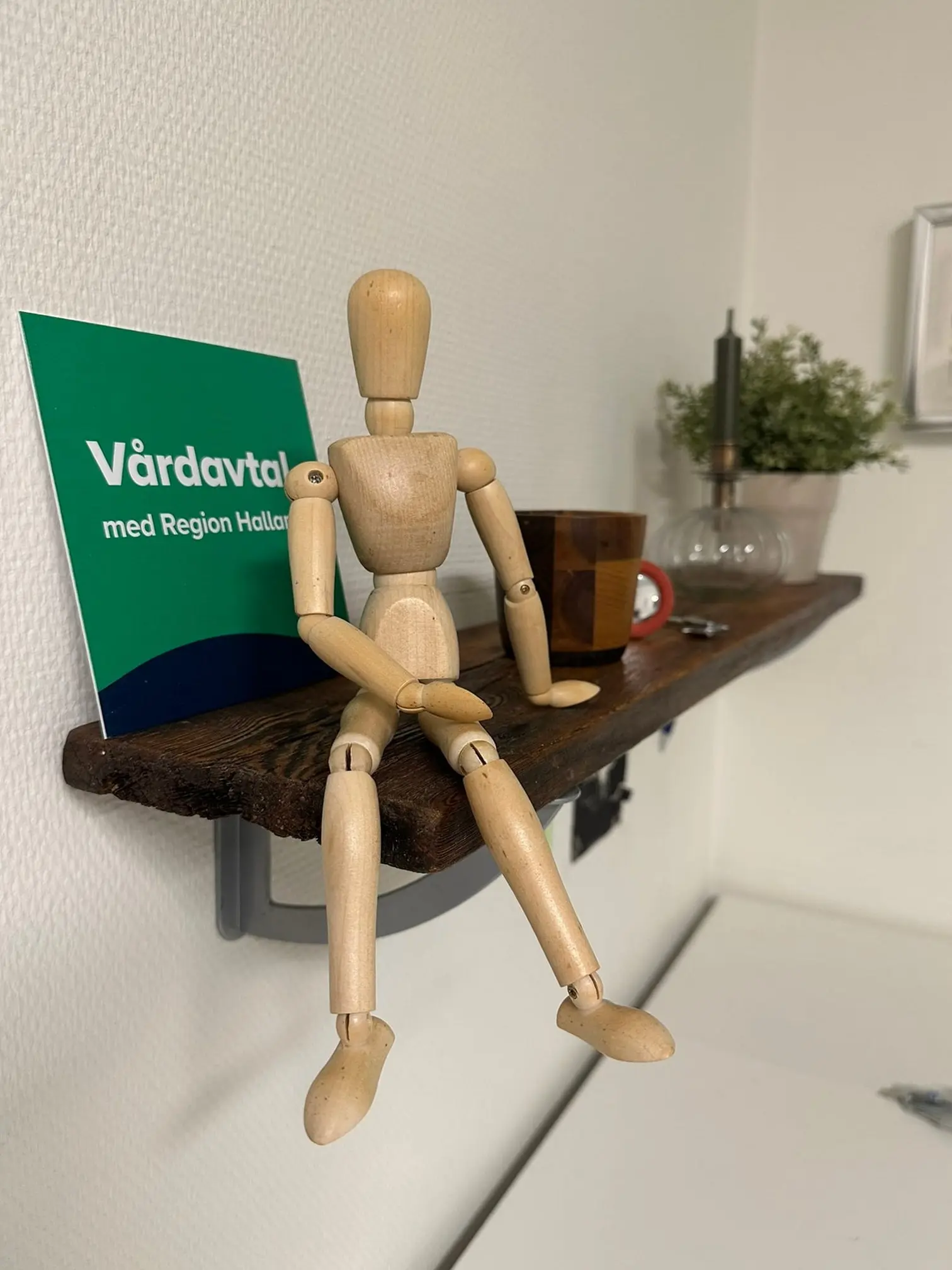 Trämodell som sitter på en hylla intill skylten Vårdavtal med Region Halland